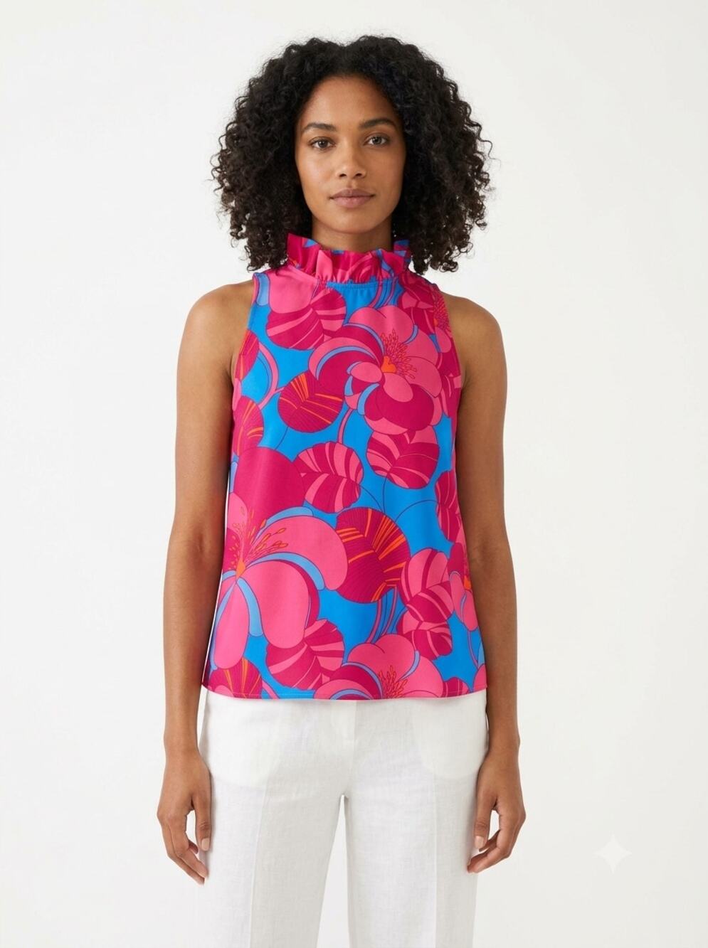 Tuckernuck Tank Top Women's L Pink Mason Wild Azalea Floral Ruffle Neck Preppy